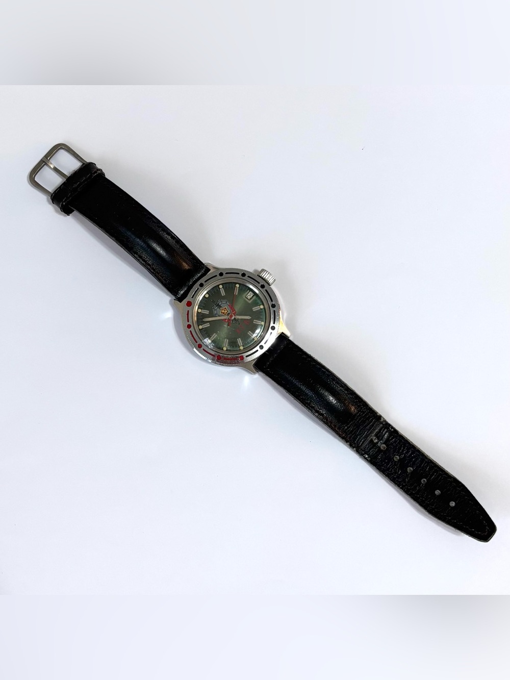 Vintage Vostok Men's Wristwatch with Black Leather Strap Needs Battery